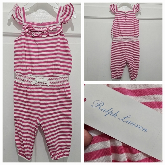 Ralph Lauren Girls Striped Ruffled Sleeveless One Piece Romper - Picture 1 of 17